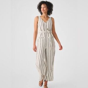Faherty Catalina Linen Stripe Sleeveless Waist Tie Wide Leg Jumpsuit Romper - XS